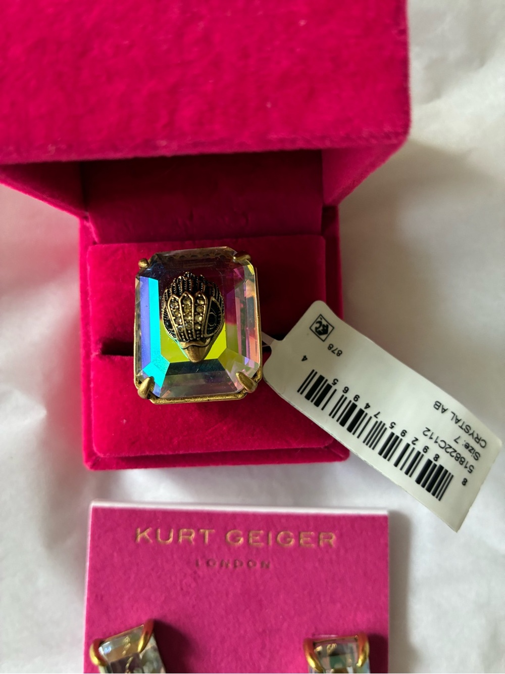 Kurt Geiger Gold-Tone Ring and Stud Earrings with Aurora Crystal, size 7 - Picture 8 of 10